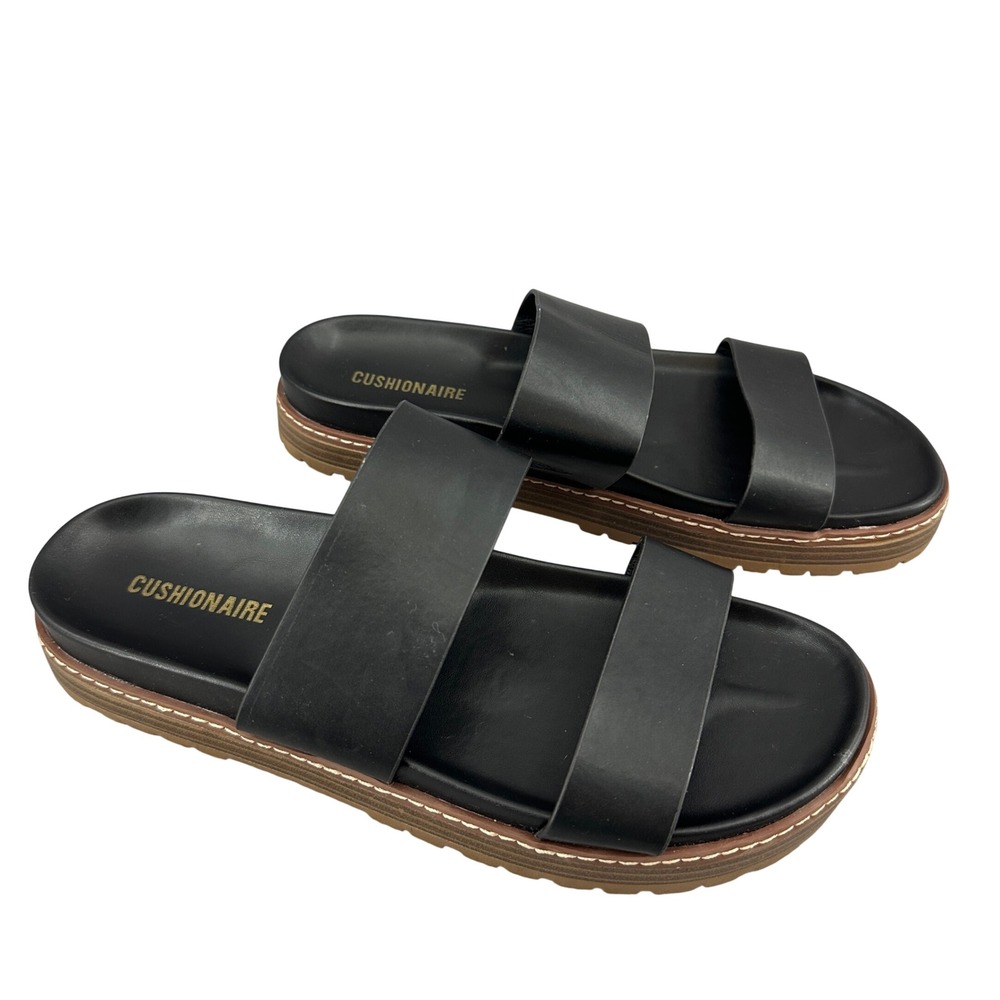 Cushionaire Noho Womens 9.5W Black Double Strap Platform Lug Sole Slide Sandals